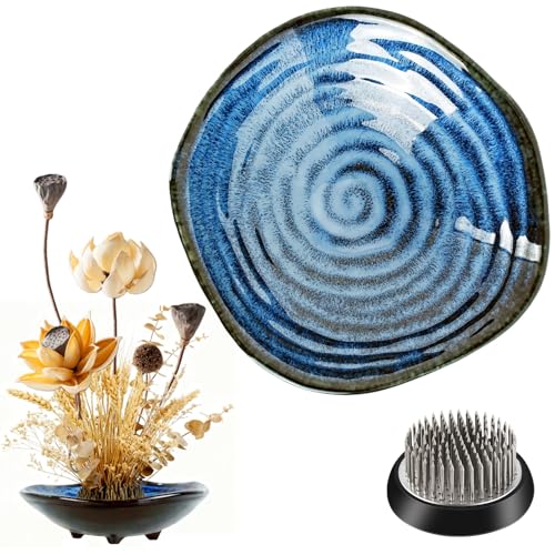 Ikebana Vase Kit - Flower Frog Bowl Set Japanese Inspired Ceramic Vase with Metal Floral Frog Flower Stem Holder Bowl Flower Arrangement Decoration (Blue-Small)