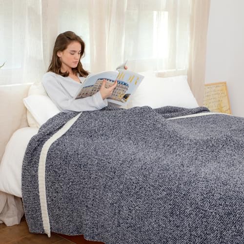Image of Snuggle Sac Super Soft & Reversible Heather Navy Throw - Oversized Cozy Knit Blanket for Bed, Sofa, Living Room, Twin Size (60x80 Inches)