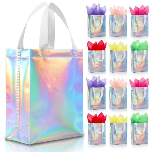 KeerxunBag 12pcs Reusable Gift Bags（Includes Tissue Paper） Gift bag with handle Birthdays Parties Holidays Weddings Medium 10x4x8in blue Gift Bags