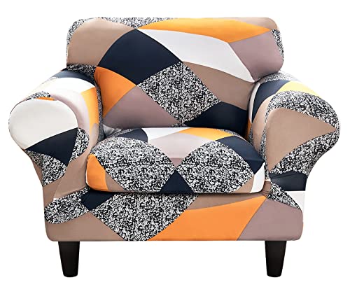 Searchi Stretch Sofa Cover Printed Couch Covers, Floral Pattern 2 Piece Armchair Slipcover With Separate Chair Cushion Cover, Washable Furniture Protector For Living Room(Armchair, Orange Geometry) #TOP16