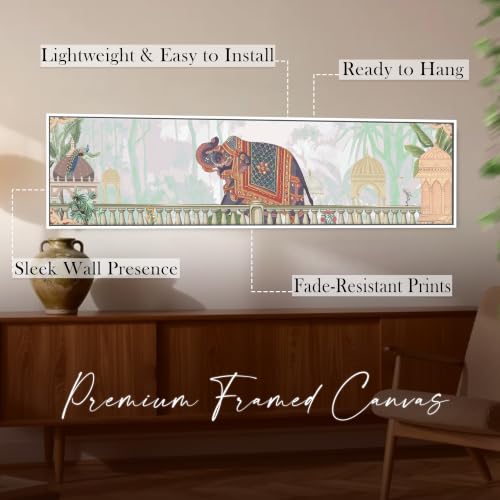 Image of PAINTINGMANTRA Mughal Pichwai Elephant Garden Canvas Wall Art Painting For Living Room, Traditional Indian Cultural Mughal Framed Wall Art Painting For Home, Office 33x119 cm