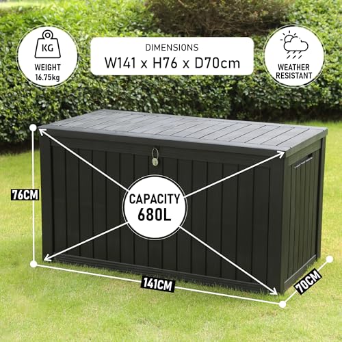 Olsen & Smith 680L Large Garden Storage Box - Weather Resistant Heavy Duty Garden Box with Padlock - Wood Effect - High Capacity Outdoor Storage Chest for Tools, Cushions, Toys & More (Anthracite) - Image 3