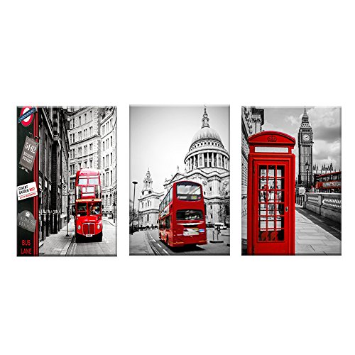 Amemny Black And White Red London Buses Red Telephone Booth Picture Canvas Print Hd Artwork Poster -3 Pieces Modern Home Decoration Framed Ready To Hang (16" X 24" X 3 Panels, Artwork-01) #TOP1