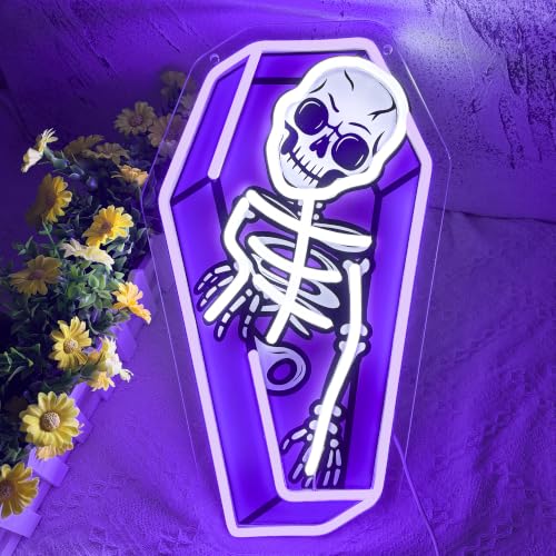Image of Halloween Coffin Skeleton Neon Sign Spooky Skeleton Neon Light LED Macabre Room Decor Sign USB Powered, for Halloween Party Haunted House Tattoo Shop Creepy Spooky Room(16.1 * 9.4 In)