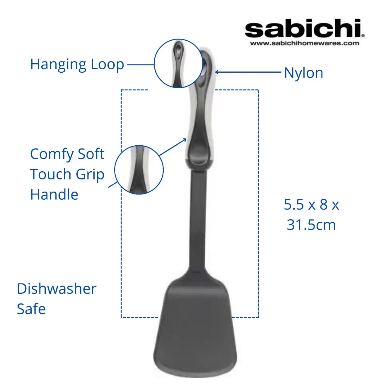 Sabichi Essential Nylon Turner | Kitchen Essentials Accessories| Kitchen Tools for Cooking | Dishwasher Safe Non Stick Cookware | Heat Resistant nylon head with comfy soft touch Grip - Image 4 thumbnail