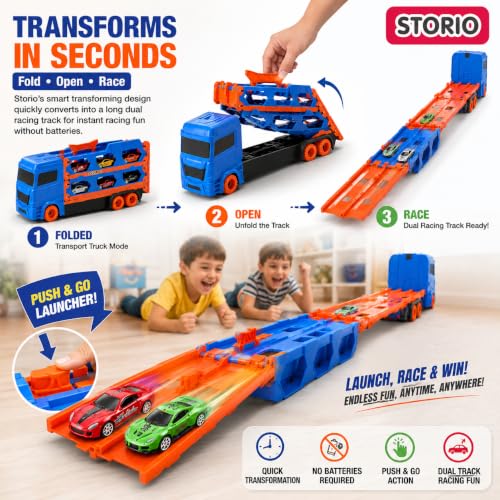 Image of Storio Big Hauler Storage & Deform Transport Truck Toy | 3-in-1 Transforming Carrier with Foldable Dual Racing Track & 2 Die-Cast Cars | Push & Go Toy for Kids Boys & Girls 3+ Years