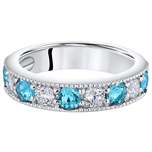 Peora London Blue Topaz 4Mm Milgrain Half-Eternity Anniversary Wedding Ring Band For Women 925 Sterling Silver, Natural Gemstone Birthstone, 0.75 Carat Total Round Shape, Size 7 #TOP2