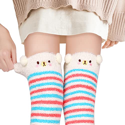 Image of Benefeet Sox Girls Cute Animal Fuzzy Knee High Socks Womens Funny Striped Cozy Winter Warm FluffyThigh High Socks Leg Warmers