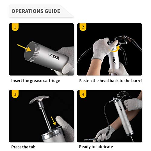 UTOOL Grease Gun, 7000 PSI Heavy Duty Pistol Grip Grease Gun Set with 14 oz Load, 18 Inch Spring Flex Hose, 2 Working Coupler, 2 Extension Rigid Pipe and 1 Sharp Type Nozzle Included, Silver