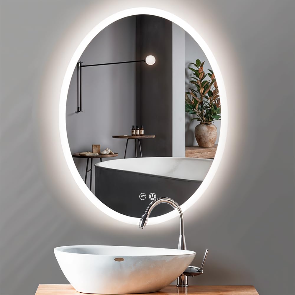 Espejo Baño con Luz LED Regulable en 3 Colores - Espejo de Pared ANTIVAHO con Ajuste de Brillo con Memoria e Interruptor Táctil - Espejos Inteligente Retroiluminado (Oval, 90_x_60_cm)