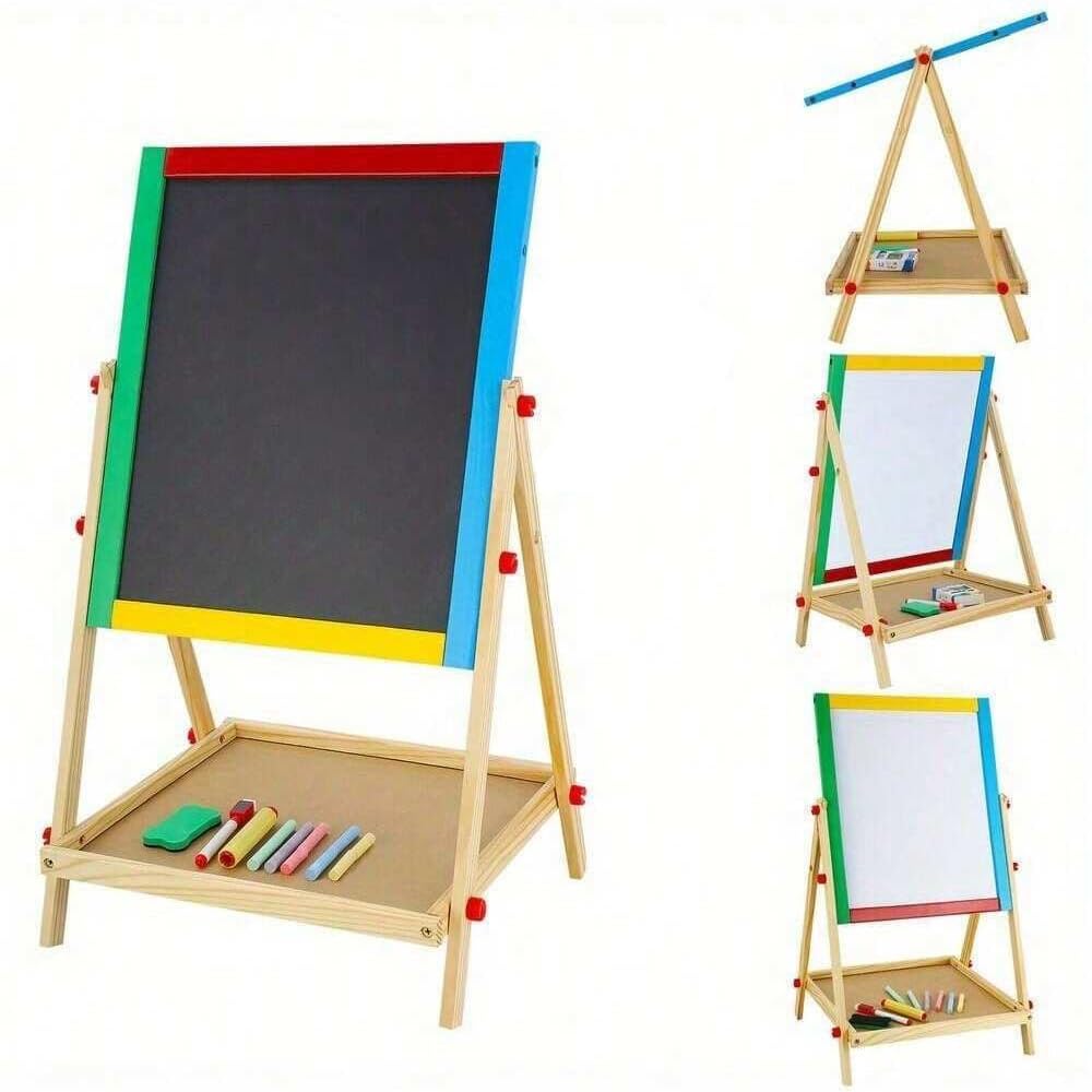 Wooden Art Easel for Kids, Double Sided Whiteboard & Blackboard, Magnetic Drawing Board for Toddlers with Multi-Colour Chalk, Dry Wipe Marker and Sponge | Adjustable Height 53-63cm