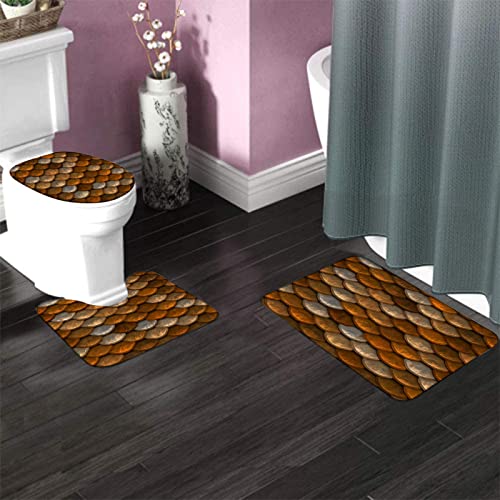 Badezimmerteppich-Set, 3-teilig, braunes und kupferfarbenes Schuppenmuster, waschbare Badteppiche, rutschfest, mit Rückenpolster, Konturteppich und Toilettendeckelbezug – Bild 3