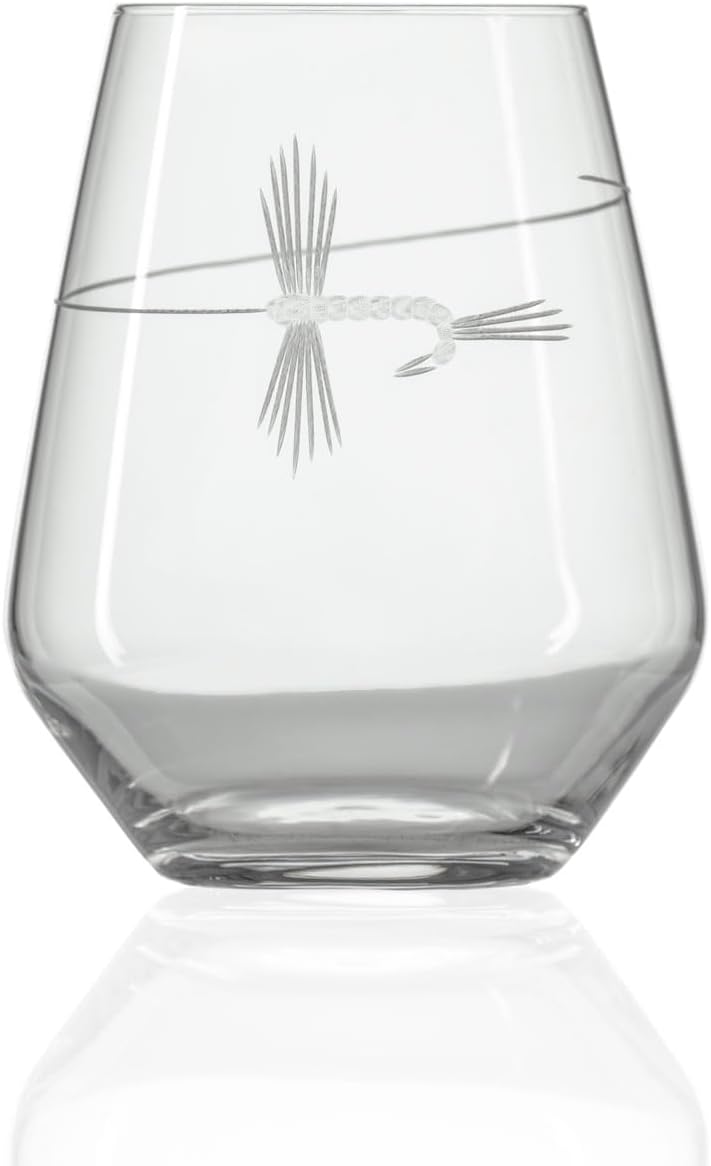 Rolf Glass | Fly Fishing Stemless Wine Tumbler 18 ounce | Stemless Wine Glasses | Set of 2 | Lead-Free Glass | Engraved Tumbler Glasses | Made in the US