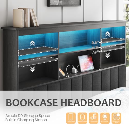 HISOFT Rustic Queen Bed Frame with Storage & Charging Station - Image 4