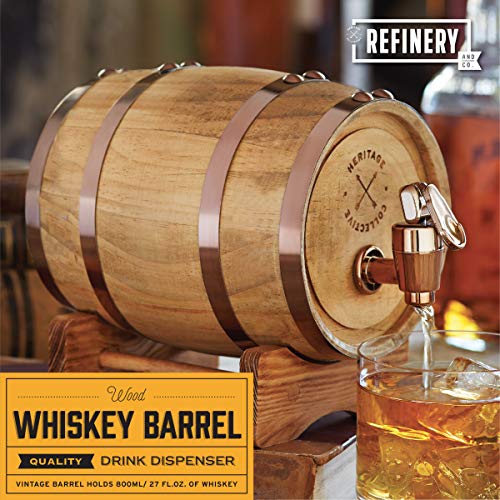 REFINERY AND CO Miniature Wood Whiskey Barrel Dispenser 800 ml/27 fl oz Volume, for Serving and Entertaining, Table Home Accent Display & Storage of Spirits, Liquors (Standard version)