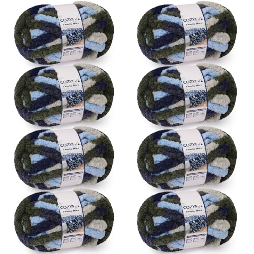 Image of Cozyful Chunky Yarn for Hand Knitting - #10 Chunky Chenille Blanket Yarn, Jumbo Big Thick Chunky Yarns for Crocheting, Tie Dye Bulky Knit Yarns, 8 Skein (20 yds 8 oz Each Skein), Multi Blue&& Green