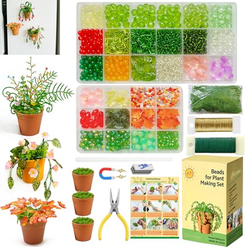 BOAJUNWU Forever Plant Kit Magnets for Fridge, Leaf Flower Beads for Beaded Plants with Mini Plant Pot, Green Beads for Jewelry Making DIY Crafts Kit Sun Catcher Lover Gifts