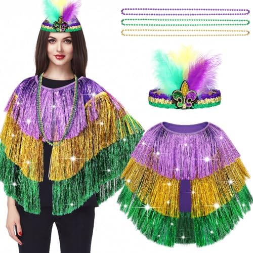 5Pcs Mardi Gras Costume Set Shawl Scarf Poncho, Feather Headband,...