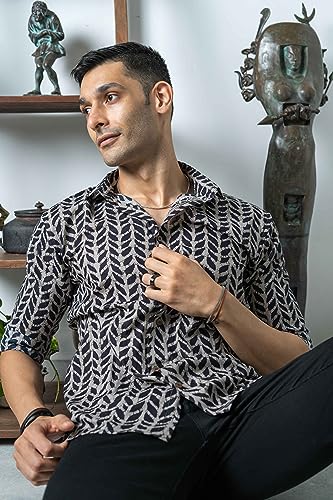 Image of SHASAK Men's Printed Shirt 100% Pure Cotton Full Sleeves with Cuffs in Brown Color with Black Petals Tribal Print (S,M,L,XL,XXL,3XL,4XL,5XL,6XL,7XL,8XL,9XL,10XL)