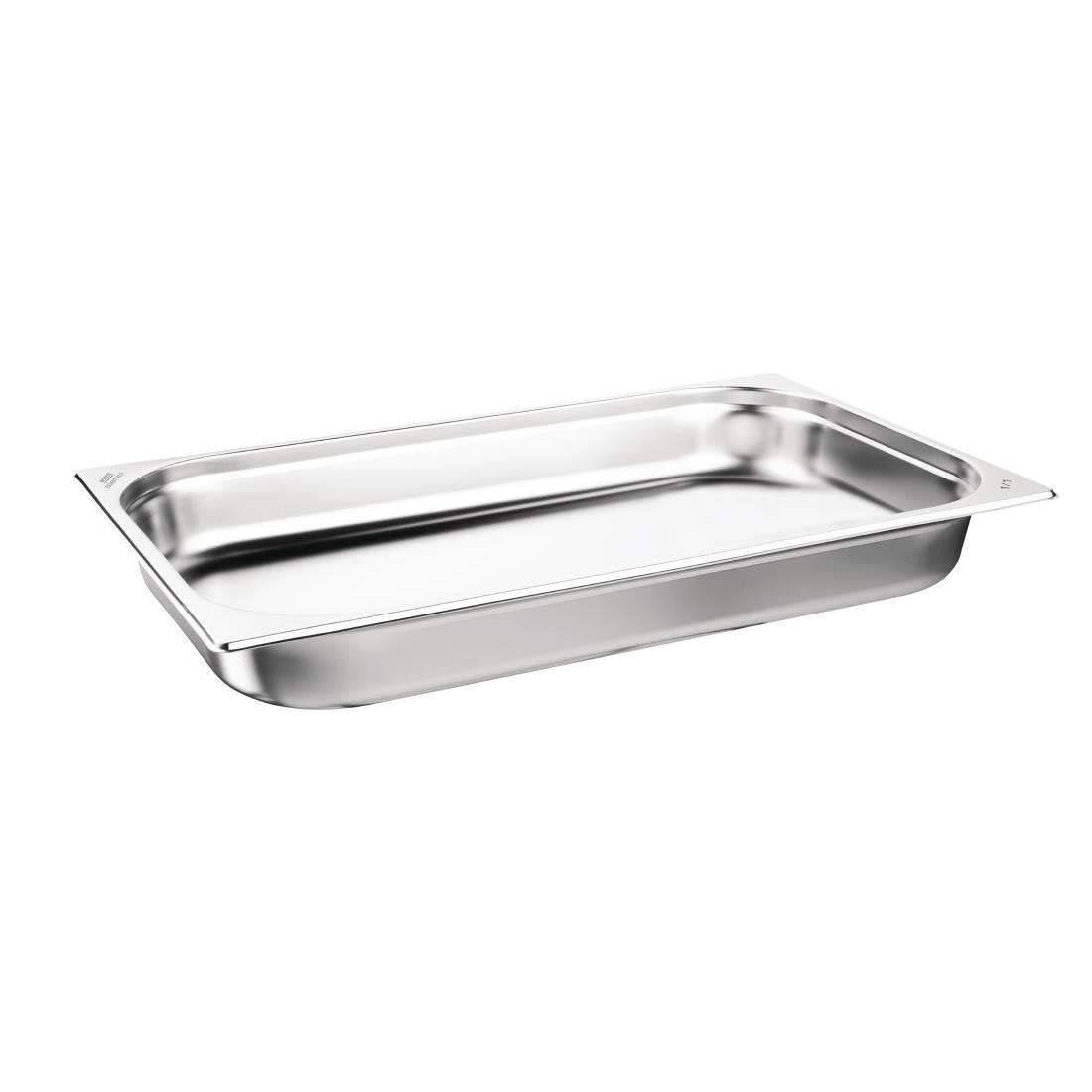 NISBETS Essentials GN 1/1 - Juego de 3 sartenes de acero inoxidable 1/1, aptas para lavavajillas, 9 L, 65 x 530 x 325 mm, color plateado