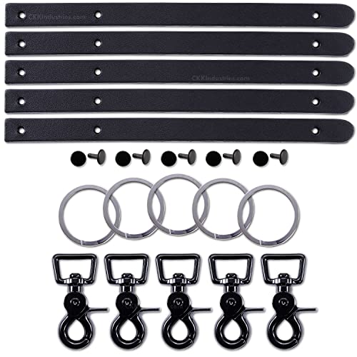 Leather Keychain Kits with Metal Trigger Snap Hooks - Cowhide Leather (8-9oz) - Black - Black Hardware - (5 Pack)