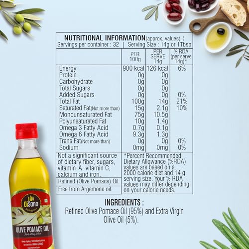 Image of DiSano Olive Pomace Oil 500ml, Ideal for all Indian Cooking and Deep Frying (Pack of 2)
