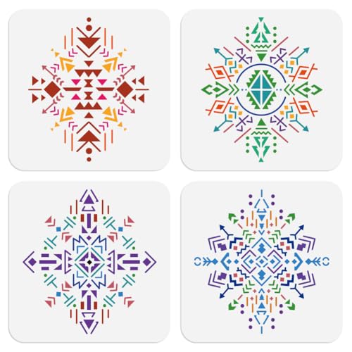 DOODLREAM Lot de 4 pochoirs artistiques aztèques tribaux pour peinture, 20 × 20 cm, réutilisables - Pochoirs aztèques épissés - Modèles de dessin...