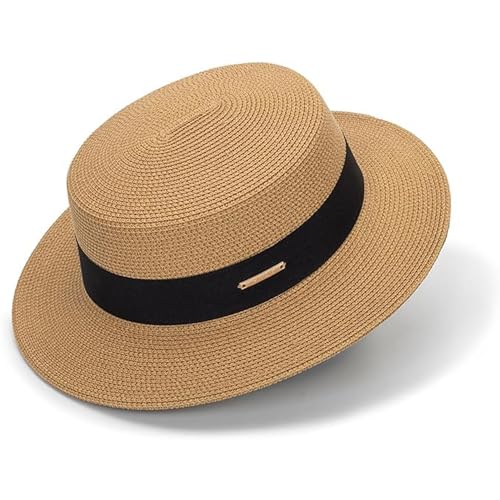 Straw Fedora Boater Hat for Women Men Foldable Floppy Flat Brim Panama Hat Outdoor Summer Beach Sun Hat UV-Protection