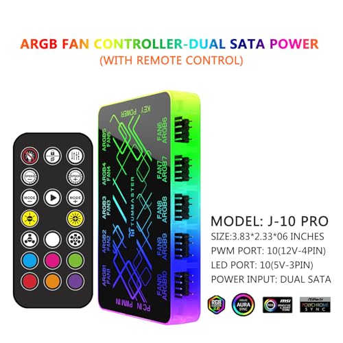 Dual SATA ARGB Fan Controller - 4 Pin PC Hub With Magnetic Suction RF Remote & Chassis Key Control - Supports 10 PWM Fans Splitter 5V/12V for PC Building - Image 3