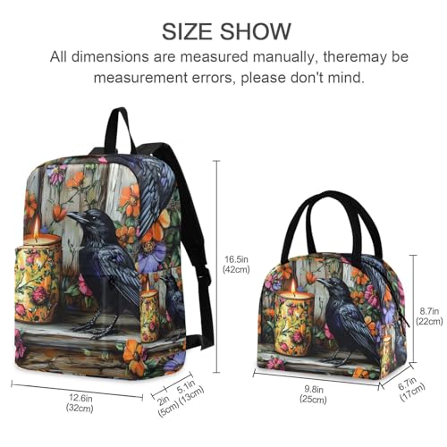 Backpack Lunch Bag Set Crow Gothic Print, Big Storage Travel Backpacks with Insulated Lunch Box for Office Hiking Picnic2