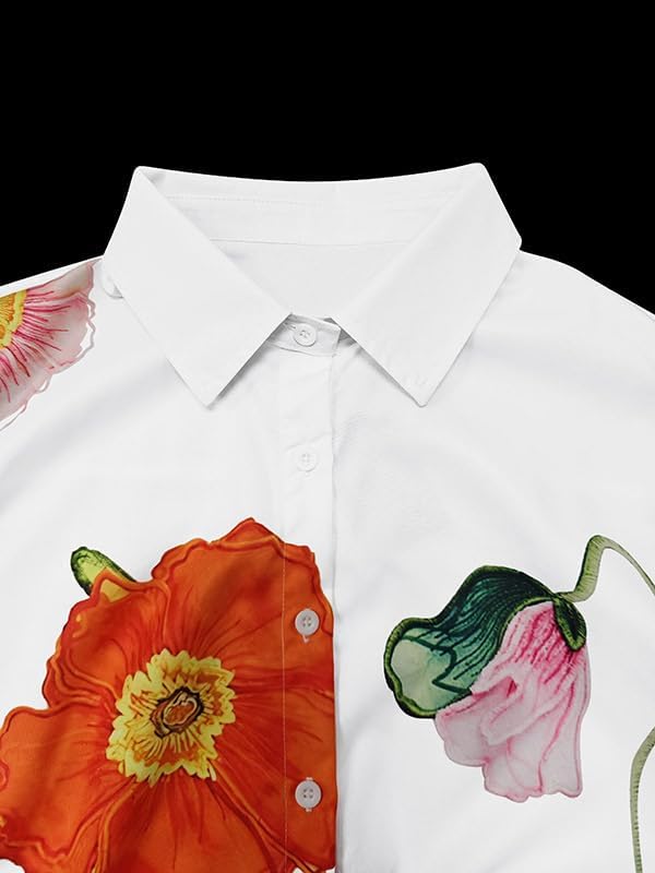 UOOZEE Women's Loose Fit Button Down Shirts Floral Long Tied Sleeve V Neck Dressy Casual High Low Blouses - Image 5