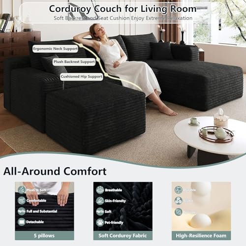 Image of Boneless Cloud Couch Comfy Sectional Couches for Living Room,U Shaped Sofa Couch in a Box with Ottoman Deep Seat Memory Foam Compressed Sofa(Black, 95 inch Right Facing Chaise)
