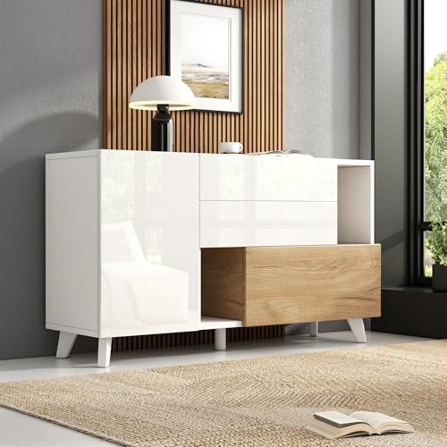 Pangshiyuan Aparador 130 x 40 x 70 cm, color blanco brillante y aspecto de madera, con 2 puertas y 2 cajones, cómoda de salón con espacio de almacenamiento, aparador para comedor, diseño moderno, MDF