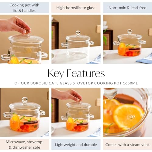 Image of Nestasia Borosilicate Glass Cooking Pot on Gas Stove (1650 ml) - Transparent Handi with Air Vent Glass Lid | Microwave & Dishwasher Safe Durable Vessel for Kitchen
