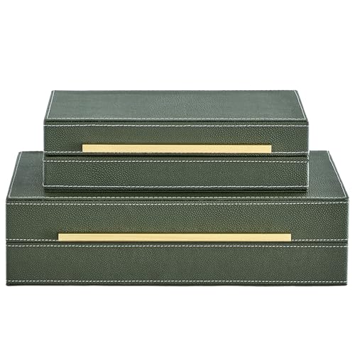 Green Shagreen Decorative Boxes with Lids Set of 2 – Large Leather Stacking Storage Boxes for Home Decor, Gold Metal Handle Remote Control Box, Modern Jewelry Box for Shelves, Coffee Table
