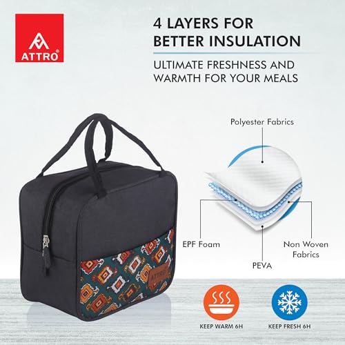 Image of ATTRO Easy Carry Insulated Lunch Bag, 7.5 Liter- Waterproof & Durable, Stylish Carry Bag for Kids, School, Office, Travel & Picnic, Spacious with Easy-to-Carry Handles -Grey