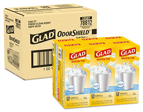 Glad Small Trash Bags - OdorShield 4 Gallon White Trash Bag, Gain Fresh Scent with Febreze - 26 Count - Pack of 6 (Package May Vary) (78812)