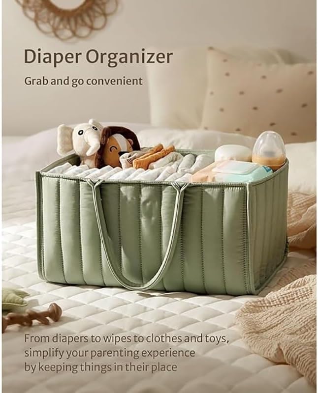 Image of Winnies Cute Diaper Caddy Bag for Smart Mothers Baby Diaper Caddy Organizers Baby Wipes Felt Storage, Nursery, Foldable and Portable (Green)