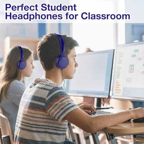 Image of Yunsailing 6 Pack Classroom Headphones Bulk, Wired Headphones,Navy Blue | Student School Supplies, Individually Wrapped, Adjustable, over Ear Head Earbuds, for Laptop PC Computer