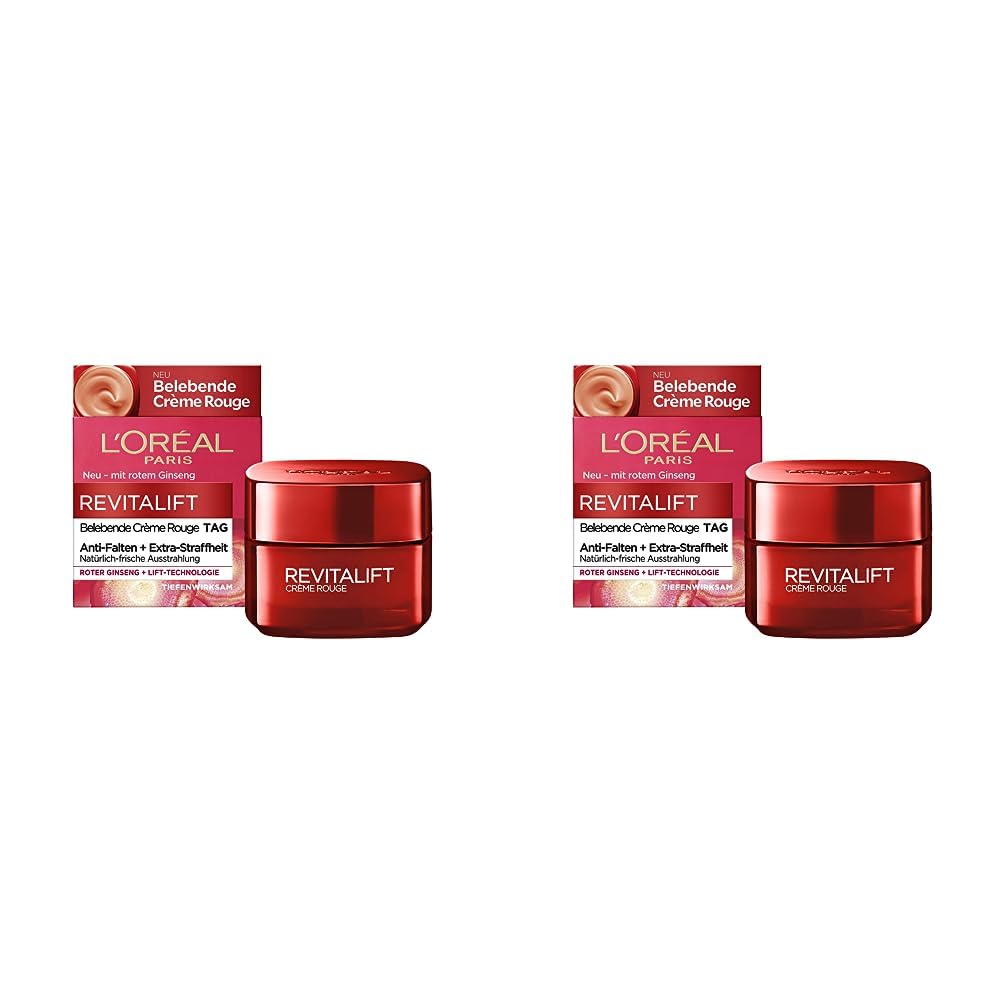 L'Oréal Paris Tagespflege, Revitalift Belebende Crème Rouge, Anti-Aging Gesichtspflege, Anti-Falten, Extra-Straffheit, Mit rotem Ginseng, 50 ml (Packung mit 2)