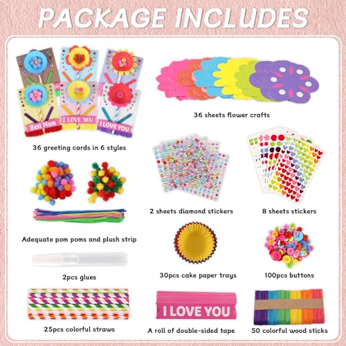 Lonfliness 36 Packs Mother's Day Flower Card Craft Kit for Kids DIY Mother's Day Flower Greeting Card Craft Making Mom Gift for Mom Home School Classroom Activity Art Project Decoration - Thumbnail 3