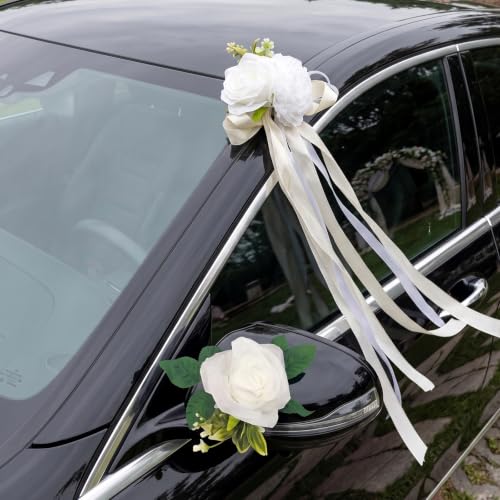 Image of 6 Pcs Wedding Car Door Handle Flowers - White Rose & Peony | Floral Bouquet Car Door Handle & Mirror Flowers with Satin Ribbon Bows , for Just Married Car Decoration