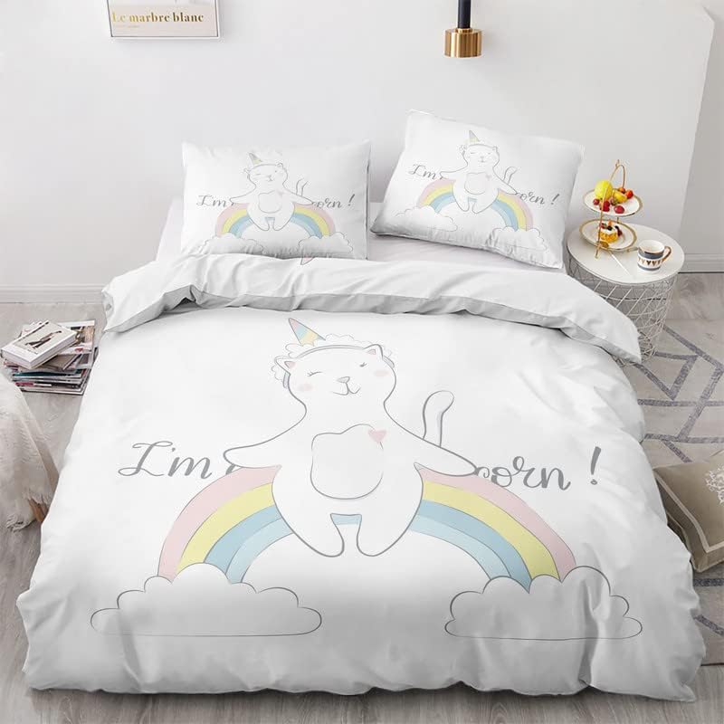 YIKODA Cat Rainbow Duvet Cover Twin - Soft Microfiber Twin Bedding Duvet Covers Set 2 Pieces with Zipper and Ties Cartoon - 1 Comforter Cover 68x90