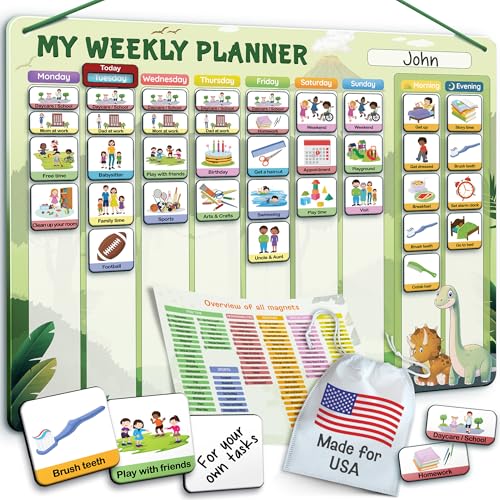 LIKARTO Programma visivo per bambini, 2 in 1, programma settimanale + giornaliero, calendario magnetico con 194 magneti e retro magnetico, grafico delle faccende per bambini, tabella di routine per