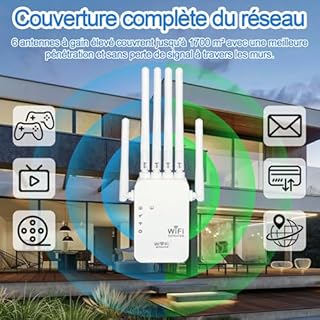 Répéteur WiFi Puissant, Amplificateur WiFi 6 Antennes Extérieur, Couverture 300 m², Répéteur/AP Mode, 2 Ports LAN, Installation Rapide pour Maison/Bureau