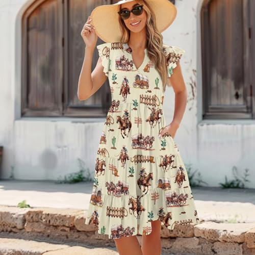 Image of Women's Casual Ruffle Sleeve Dress V Neck Pullover Dress Flowy A-Line Pleated Lightweight Dress with Pockets