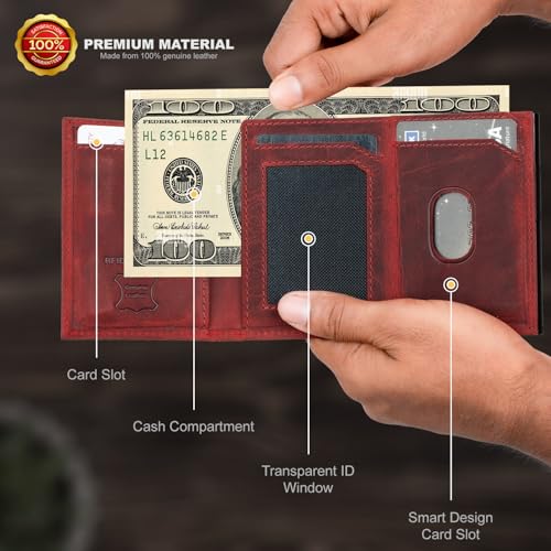 Image of AirTag Wallet - Full Grain Leather, Mens Minimalist Wallet with Apple Air Tag Holder, Slim Smart Pop up Card Case, ID Window, RFID Blocking Wallet for Men and Woman Red Crazy Horse