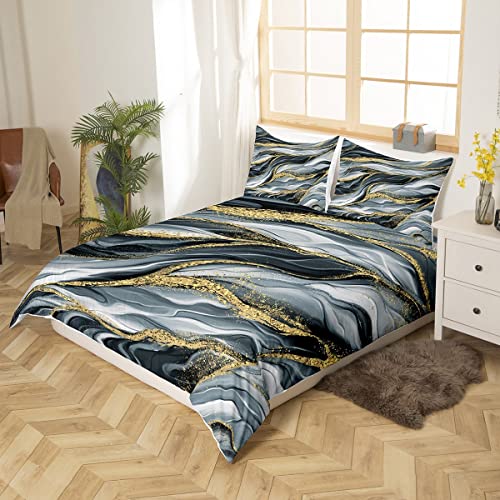 Marbling Duvet Cover Set Super King Size, Gold Grey Marble Comforter Cover with 2 Pillowcases - Image 2