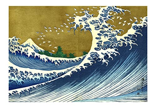 Impression d'art encadrée de la Grande Vague de Hokusai format extra large semi-brillant jaune