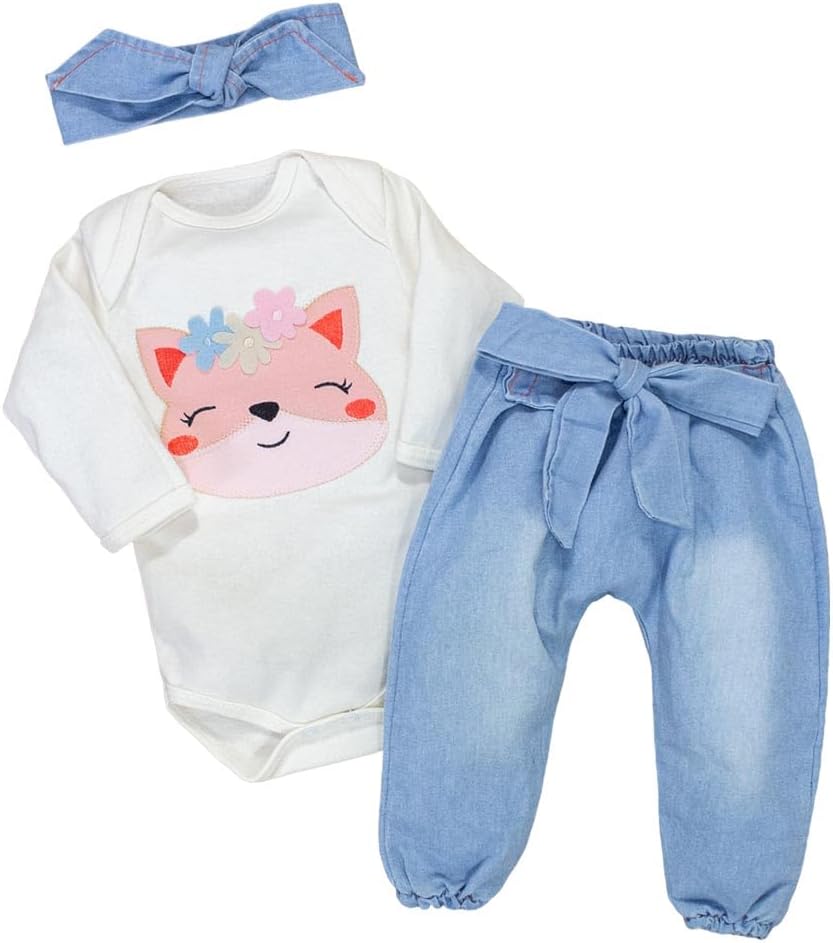 Conjunto Bebê Body Bordado Manga Longa com Calça Jeans ou Calça Ecolinho Sustentável – Era Uma Vez 0-12 Meses